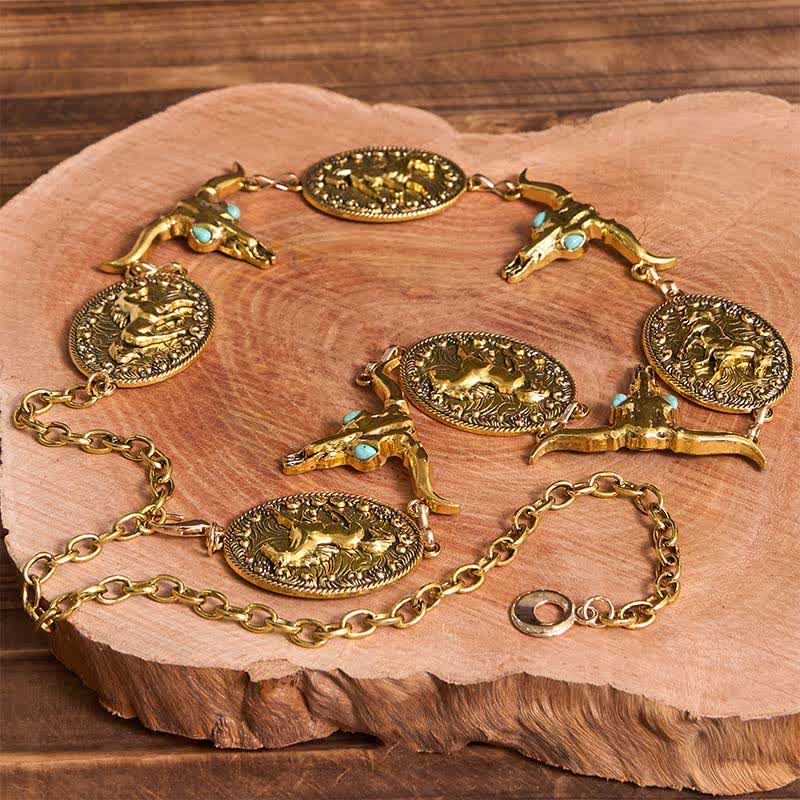 Damen Western Concho Gürtel Taillenkette mit Stierkopf-Imitat in Türkis