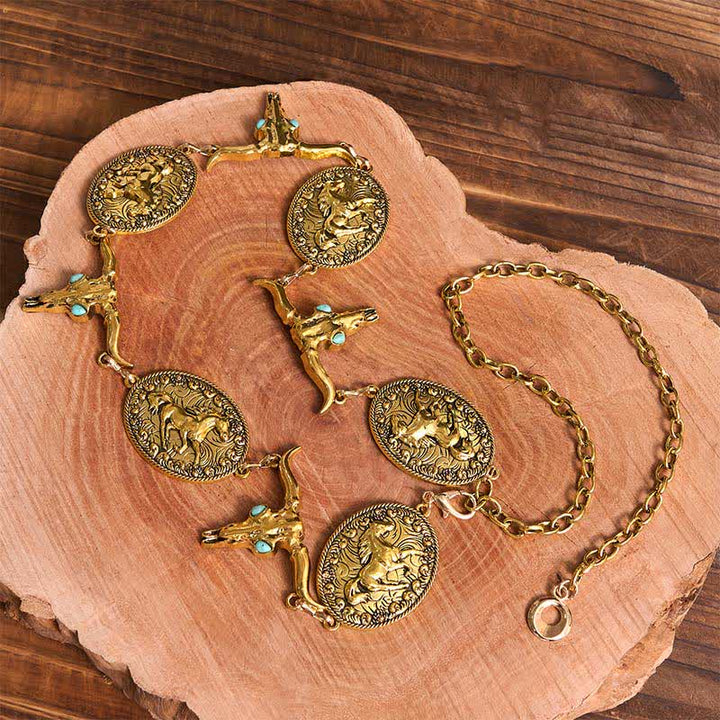 Damen Western Concho Gürtel Taillenkette mit Stierkopf-Imitat in Türkis