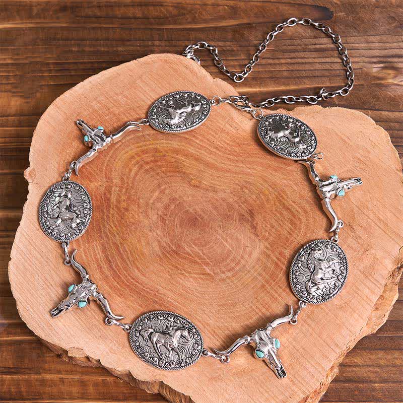 Damen Western Concho Gürtel Taillenkette mit Stierkopf-Imitat in Türkis