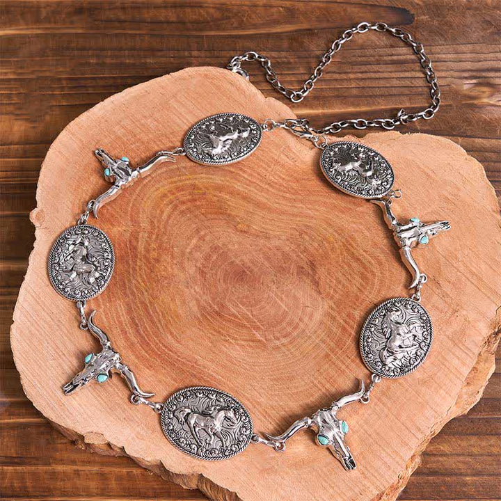 Damen Western Concho Gürtel Taillenkette mit Stierkopf-Imitat in Türkis