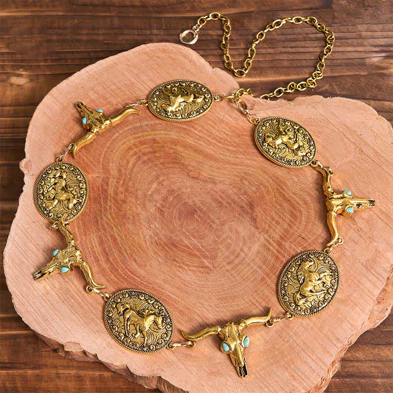 Damen Western Concho Gürtel Taillenkette mit Stierkopf-Imitat in Türkis