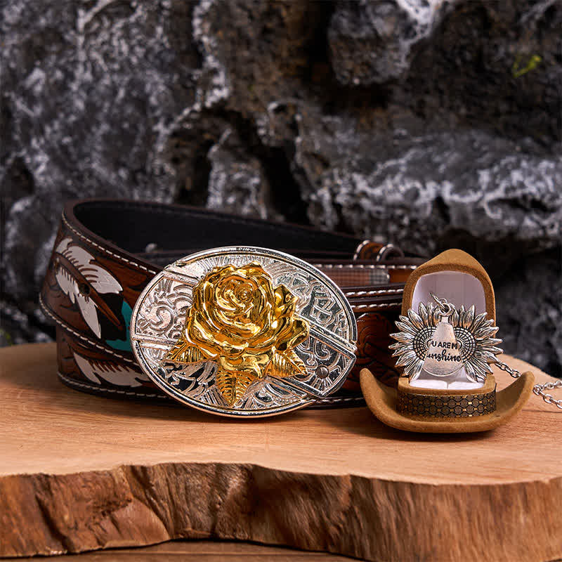 Gold & Silber DIY Rose verstecktes Messer Gürtelschnalle Sonnenblumen Halskette Bundle Set