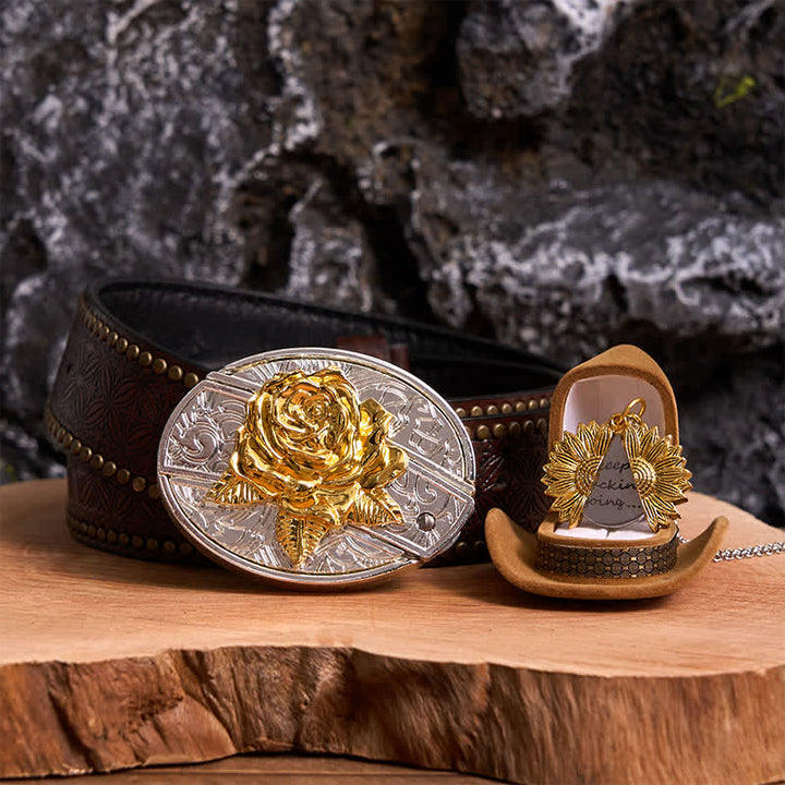 Gold & Silber DIY Rose verstecktes Messer Gürtelschnalle Sonnenblumen Halskette Bundle Set