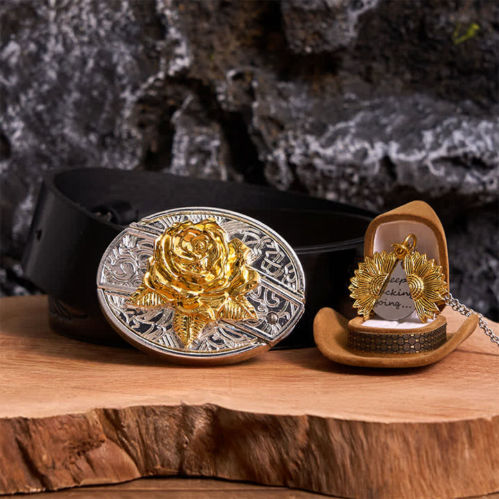 Gold & Silber DIY Rose verstecktes Messer Gürtelschnalle Sonnenblumen Halskette Bundle Set
