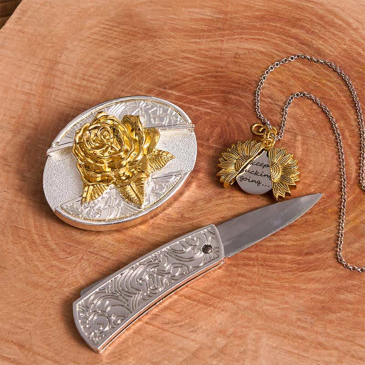Gold & Silber DIY Rose verstecktes Messer Gürtelschnalle Sonnenblumen Halskette Bundle Set