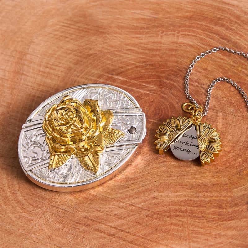 Gold & Silber DIY Rose verstecktes Messer Gürtelschnalle Sonnenblumen Halskette Bundle Set