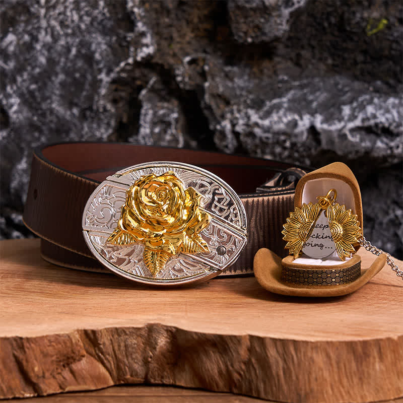 Gold & Silber DIY Rose verstecktes Messer Gürtelschnalle Sonnenblumen Halskette Bundle Set