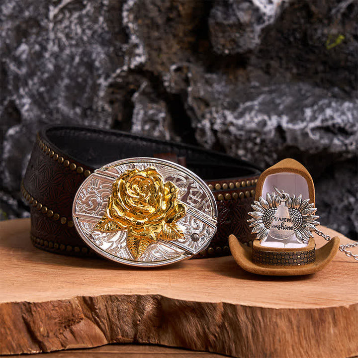 Gold & Silber DIY Rose verstecktes Messer Gürtelschnalle Sonnenblumen Halskette Bundle Set