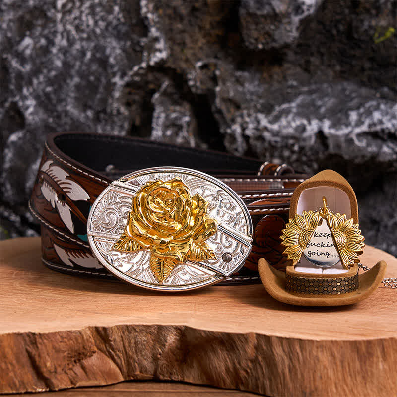 Gold & Silber DIY Rose verstecktes Messer Gürtelschnalle Sonnenblumen Halskette Bundle Set