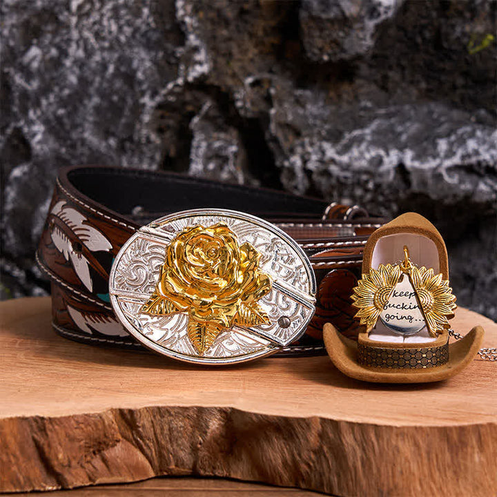 Gold & Silber DIY Rose verstecktes Messer Gürtelschnalle Sonnenblumen Halskette Bundle Set