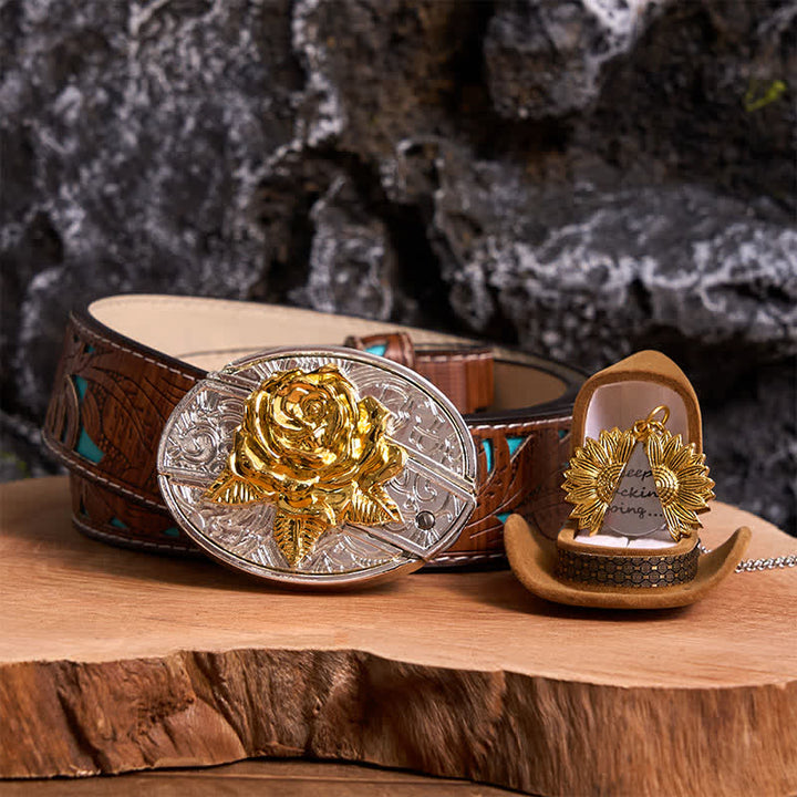 Gold & Silber DIY Rose verstecktes Messer Gürtelschnalle Sonnenblumen Halskette Bundle Set