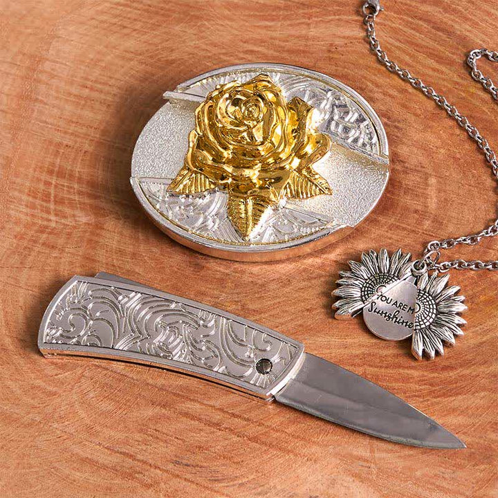 Gold & Silber DIY Rose verstecktes Messer Gürtelschnalle Sonnenblumen Halskette Bundle Set