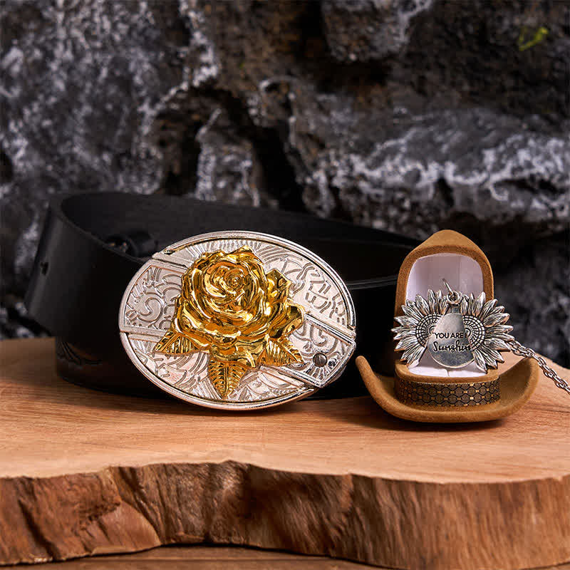 Gold & Silber DIY Rose verstecktes Messer Gürtelschnalle Sonnenblumen Halskette Bundle Set