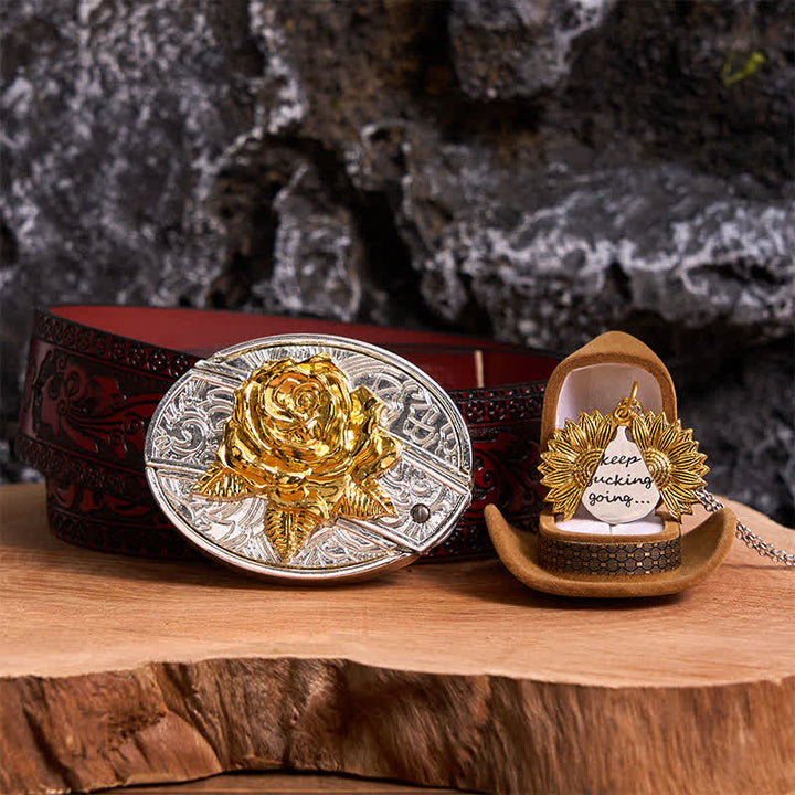 Gold & Silber DIY Rose verstecktes Messer Gürtelschnalle Sonnenblumen Halskette Bundle Set