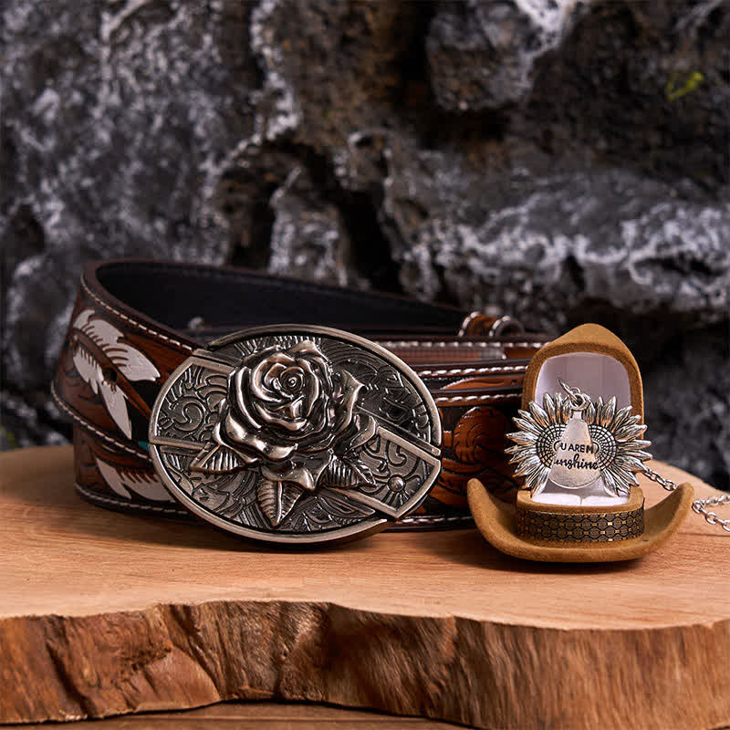 Silber DIY Rose verstecktes Messer Gürtelschnalle Sonnenblumen Halskette Bundle Set