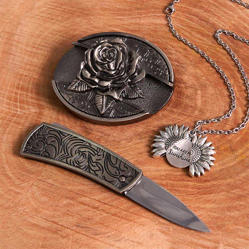 Silber DIY Rose verstecktes Messer Gürtelschnalle Sonnenblumen Halskette Bundle Set