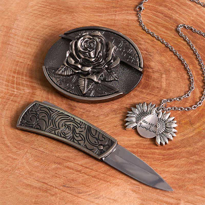 Silber DIY Rose verstecktes Messer Gürtelschnalle Sonnenblumen Halskette Bundle Set