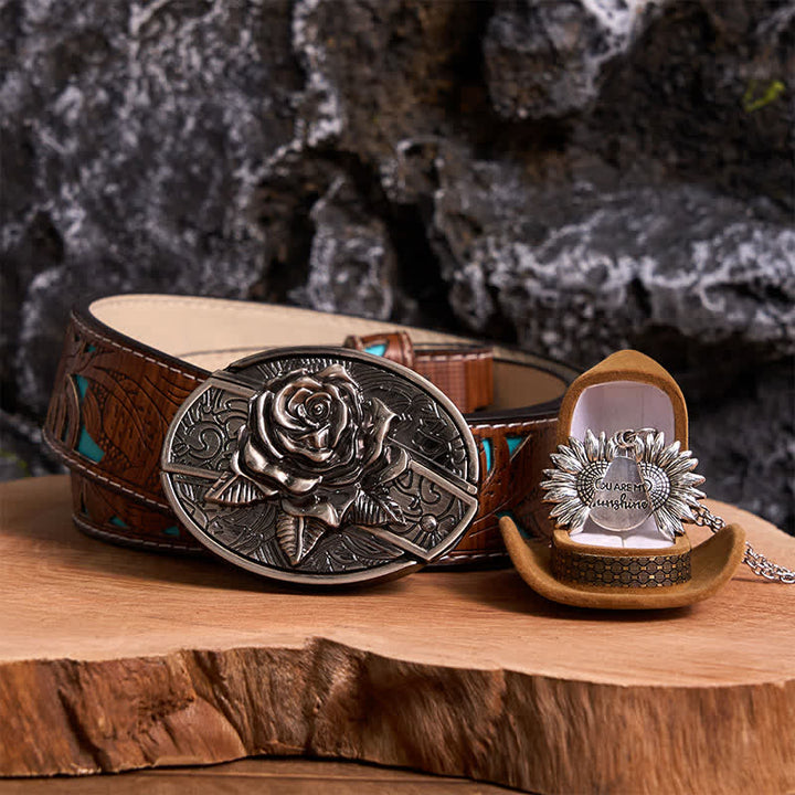 Silber DIY Rose verstecktes Messer Gürtelschnalle Sonnenblumen Halskette Bundle Set