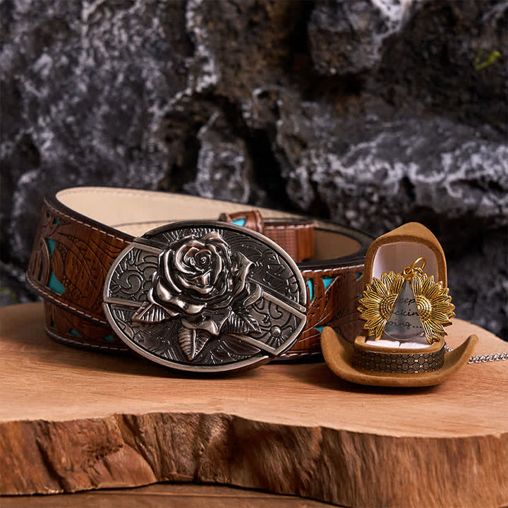 Silber DIY Rose verstecktes Messer Gürtelschnalle Sonnenblumen Halskette Bundle Set