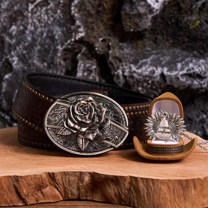 Silber DIY Rose verstecktes Messer Gürtelschnalle Sonnenblumen Halskette Bundle Set