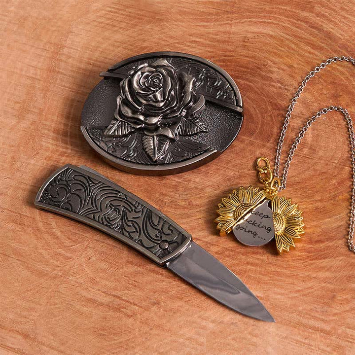 Silber DIY Rose verstecktes Messer Gürtelschnalle Sonnenblumen Halskette Bundle Set