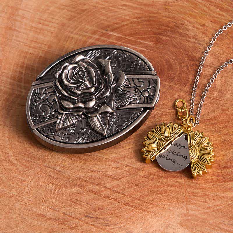 Silber DIY Rose verstecktes Messer Gürtelschnalle Sonnenblumen Halskette Bundle Set