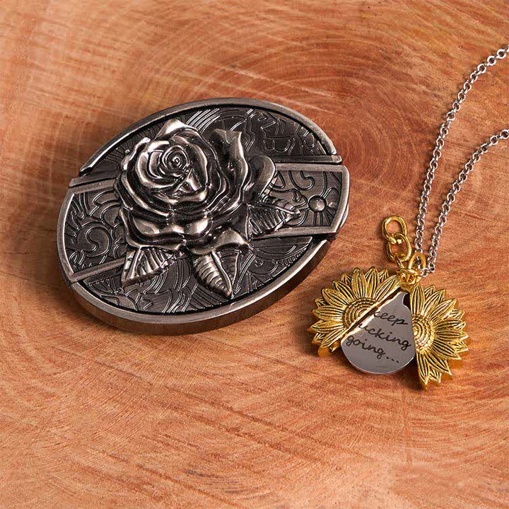 Silber DIY Rose verstecktes Messer Gürtelschnalle Sonnenblumen Halskette Bundle Set