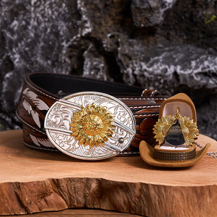 Gold & Silber DIY Sonnenblumen Thema verstecktes Messer Gürtelschnalle Halskette Bundle Set