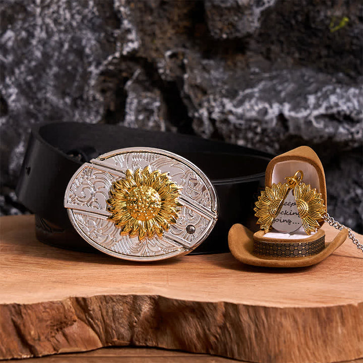 Gold & Silber DIY Sonnenblumen Thema verstecktes Messer Gürtelschnalle Halskette Bundle Set
