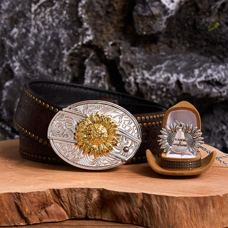 Gold & Silber DIY Sonnenblumen Thema verstecktes Messer Gürtelschnalle Halskette Bundle Set