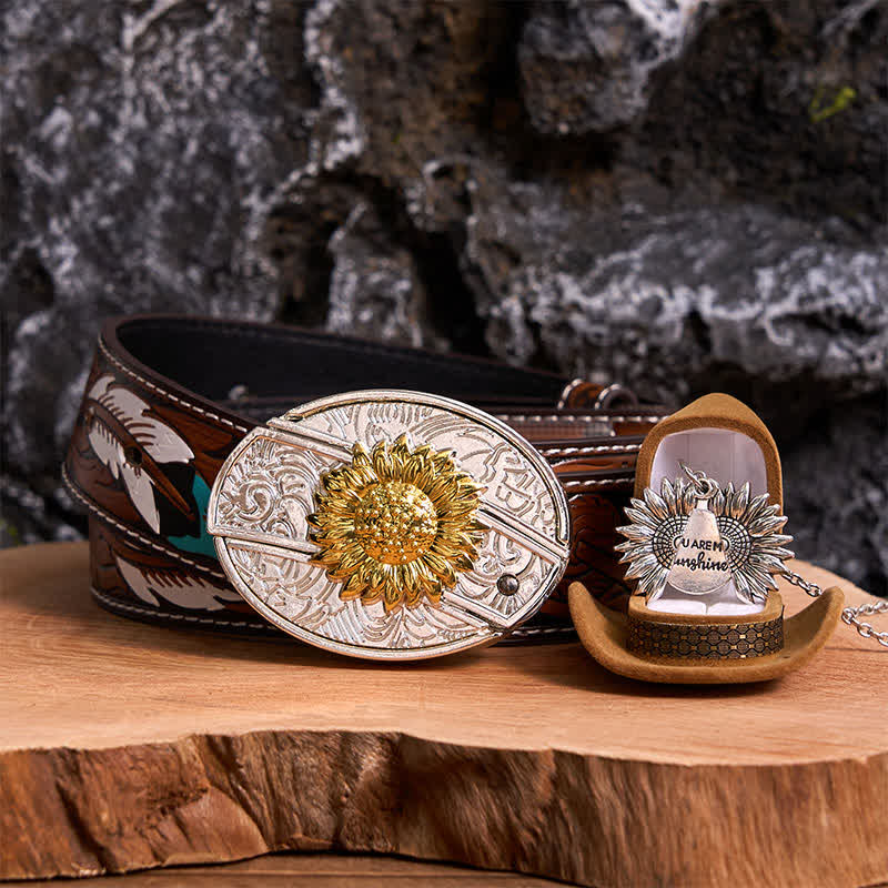 Gold & Silber DIY Sonnenblumen Thema verstecktes Messer Gürtelschnalle Halskette Bundle Set