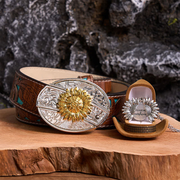 Gold & Silber DIY Sonnenblumen Thema verstecktes Messer Gürtelschnalle Halskette Bundle Set