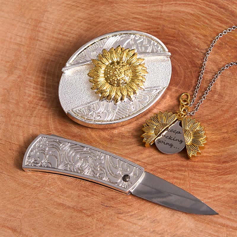 Gold & Silber DIY Sonnenblumen Thema verstecktes Messer Gürtelschnalle Halskette Bundle Set