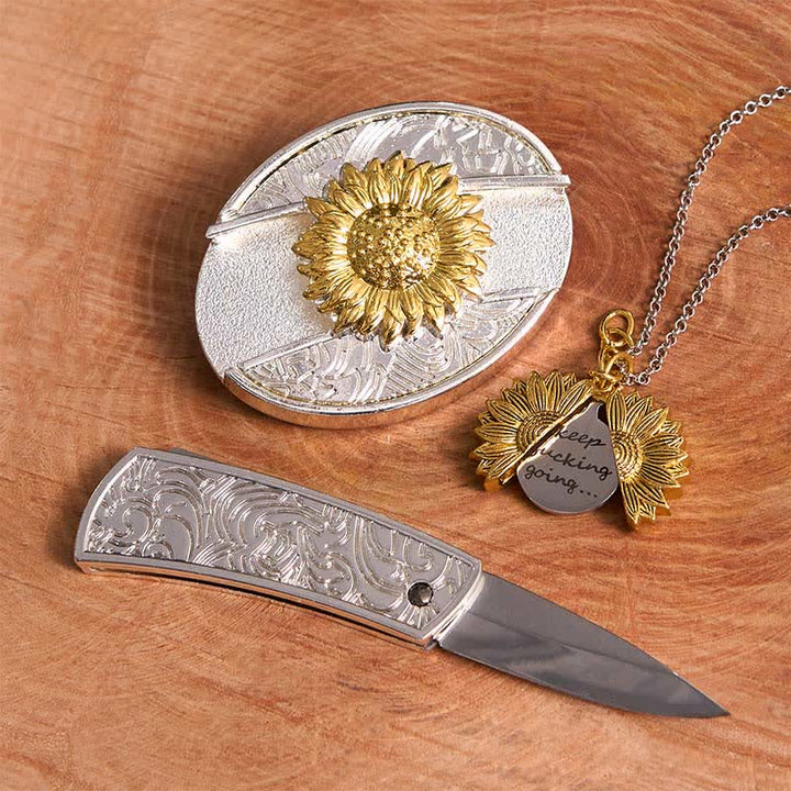 Gold & Silber DIY Sonnenblumen Thema verstecktes Messer Gürtelschnalle Halskette Bundle Set