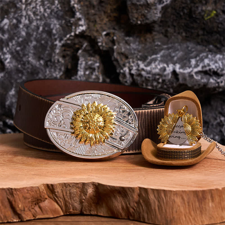 Gold & Silber DIY Sonnenblumen Thema verstecktes Messer Gürtelschnalle Halskette Bundle Set