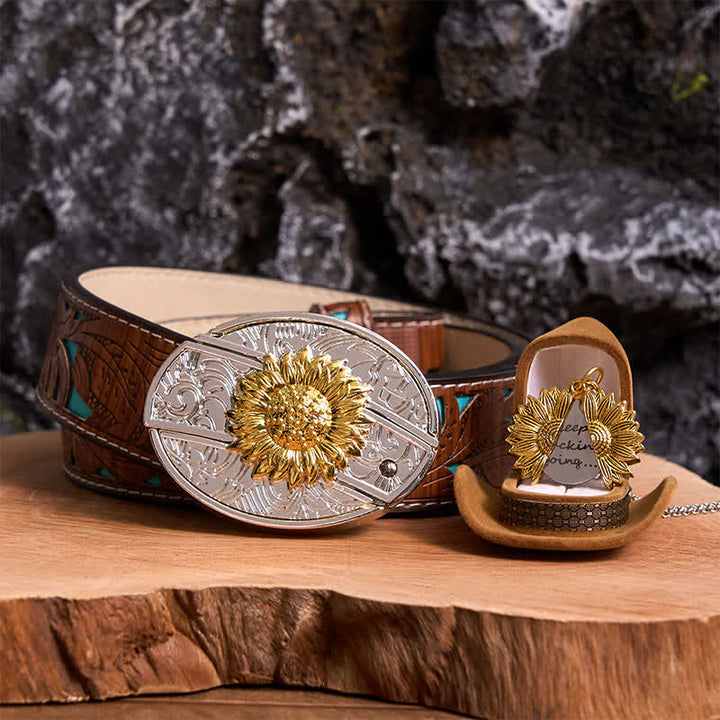 Gold & Silber DIY Sonnenblumen Thema verstecktes Messer Gürtelschnalle Halskette Bundle Set