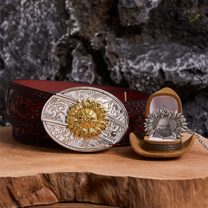 Gold & Silber DIY Sonnenblumen Thema verstecktes Messer Gürtelschnalle Halskette Bundle Set