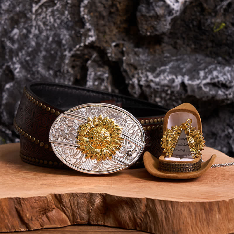 Gold & Silber DIY Sonnenblumen Thema verstecktes Messer Gürtelschnalle Halskette Bundle Set