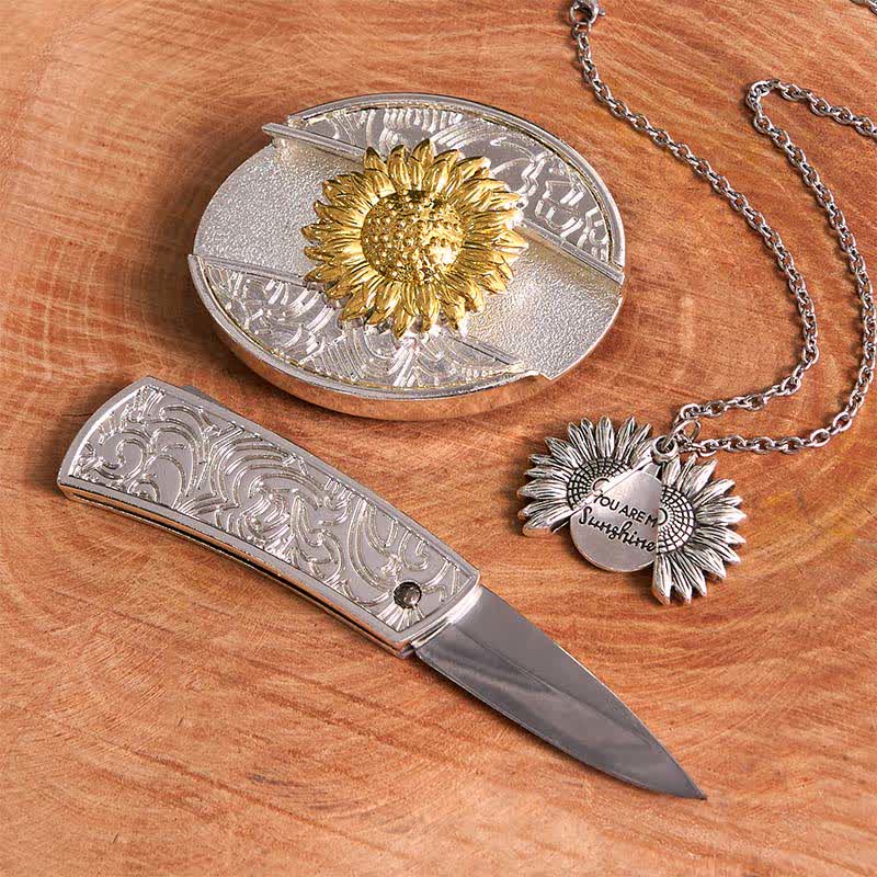 Gold & Silber DIY Sonnenblumen Thema verstecktes Messer Gürtelschnalle Halskette Bundle Set