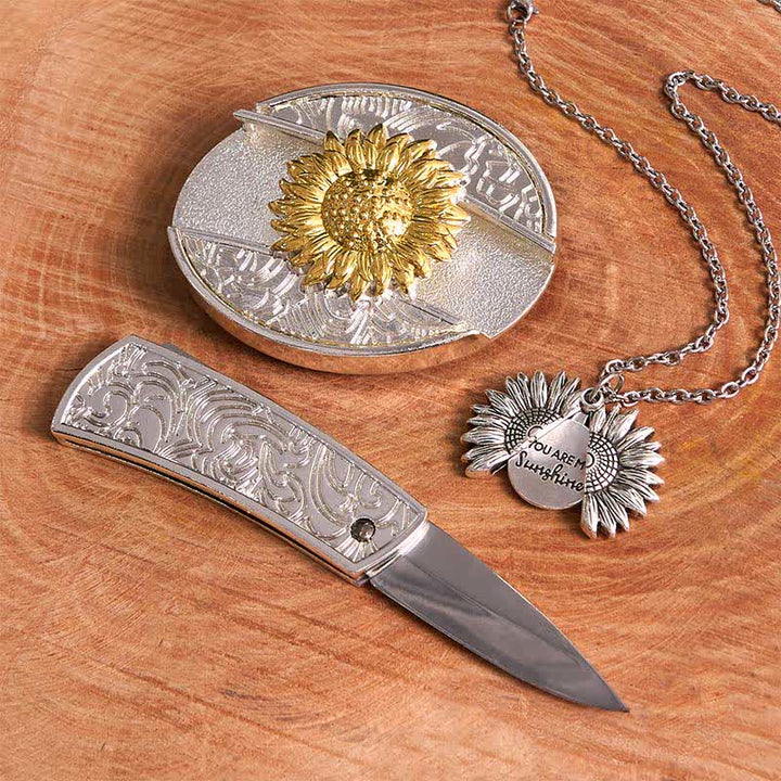 Gold & Silber DIY Sonnenblumen Thema verstecktes Messer Gürtelschnalle Halskette Bundle Set