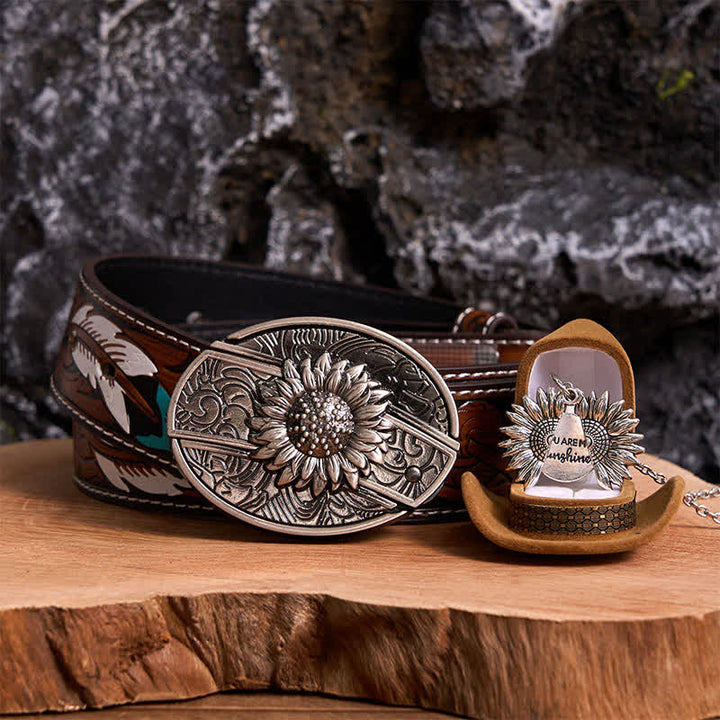 Silbernes DIY-Gürtelschnallen-Halsketten-Bundle-Set mit verstecktem Messer und Sonnenblumenmotiv