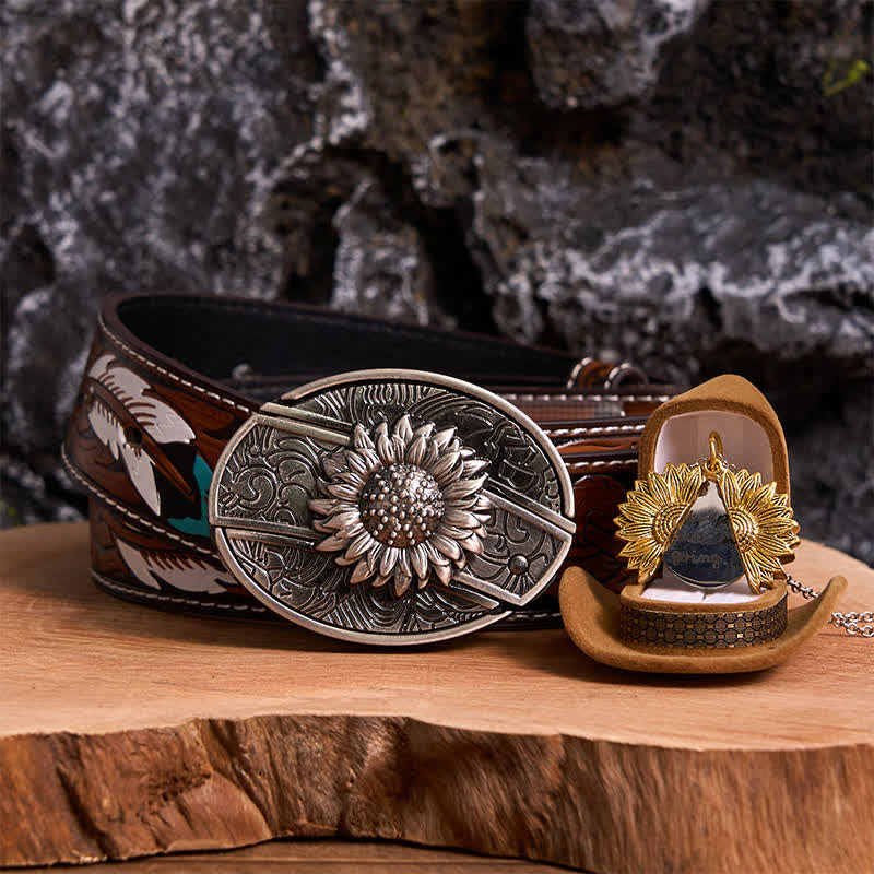 Silbernes DIY-Gürtelschnallen-Halsketten-Bundle-Set mit verstecktem Messer und Sonnenblumenmotiv