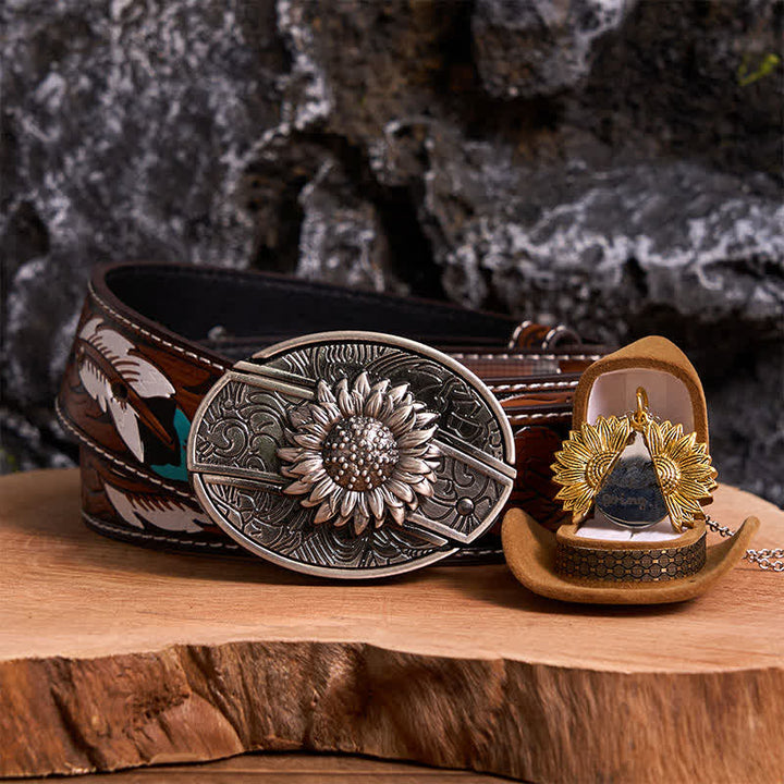 Silbernes DIY-Gürtelschnallen-Halsketten-Bundle-Set mit verstecktem Messer und Sonnenblumenmotiv