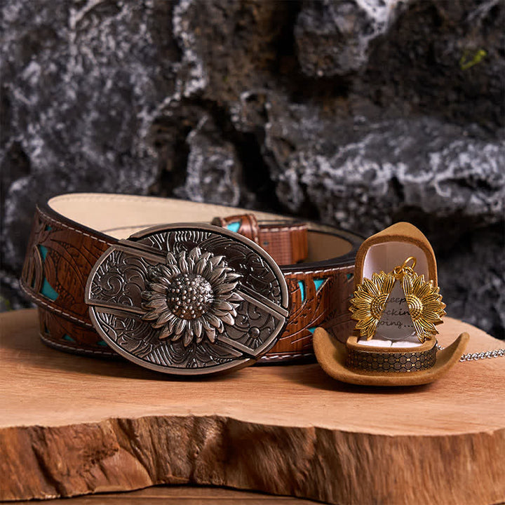 Silbernes DIY-Gürtelschnallen-Halsketten-Bundle-Set mit verstecktem Messer und Sonnenblumenmotiv