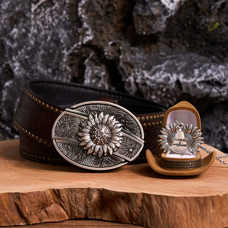 Silbernes DIY-Gürtelschnallen-Halsketten-Bundle-Set mit verstecktem Messer und Sonnenblumenmotiv