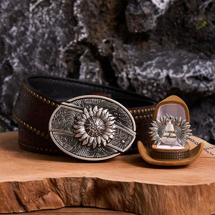 Silbernes DIY-Gürtelschnallen-Halsketten-Bundle-Set mit verstecktem Messer und Sonnenblumenmotiv