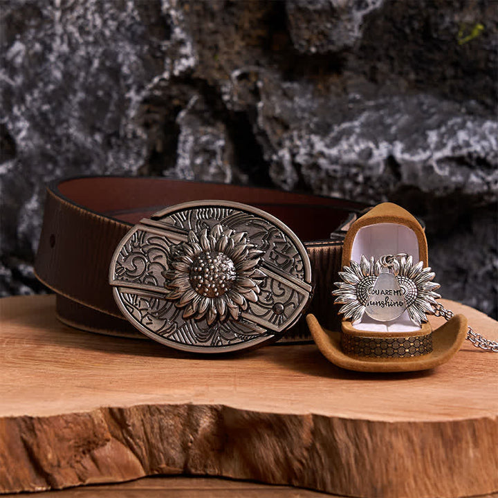 Silbernes DIY-Gürtelschnallen-Halsketten-Bundle-Set mit verstecktem Messer und Sonnenblumenmotiv