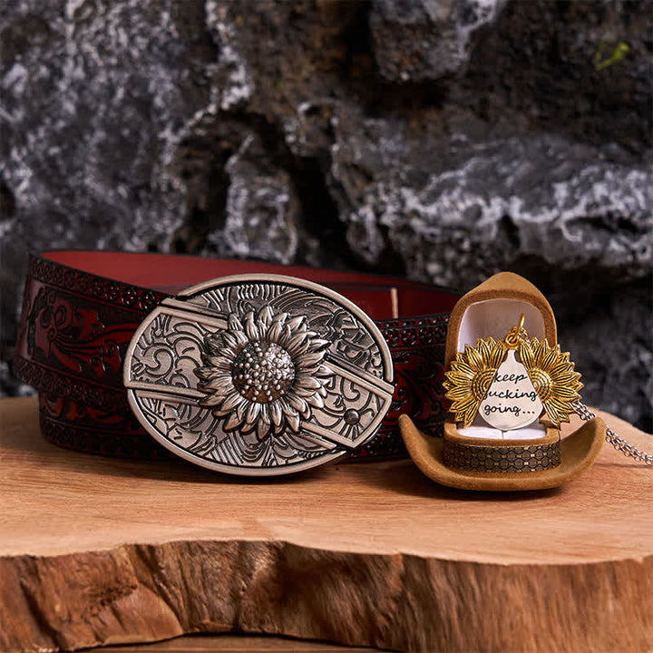 Silbernes DIY-Gürtelschnallen-Halsketten-Bundle-Set mit verstecktem Messer und Sonnenblumenmotiv