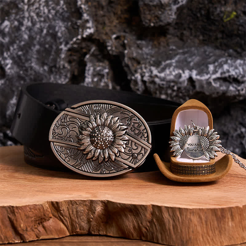 Silbernes DIY-Gürtelschnallen-Halsketten-Bundle-Set mit verstecktem Messer und Sonnenblumenmotiv