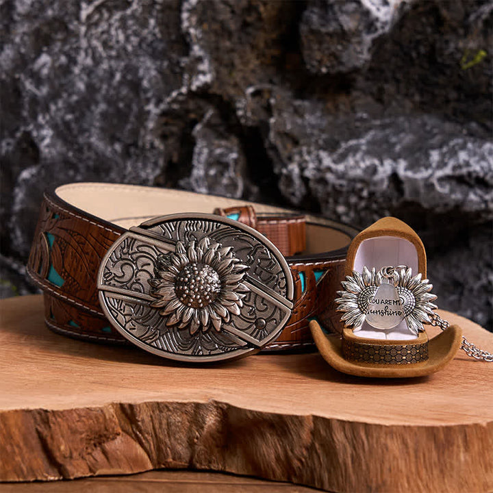 Silbernes DIY-Gürtelschnallen-Halsketten-Bundle-Set mit verstecktem Messer und Sonnenblumenmotiv